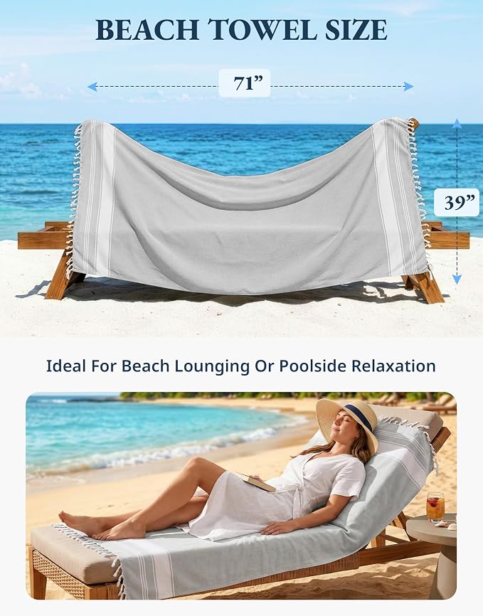 LANE LINEN Extra Large Beach Towels 2 Pack, Oversized 39"x71", Soft - Grey | Pre-Washed, Quick Dry - Sand-Free & Absorbent Pool Towels - Stylish & Lightweight for Women - Vacation Essential, All-Season