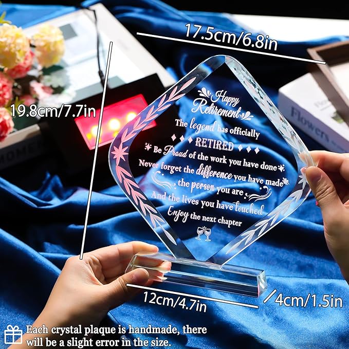 Glass Retirement Plaque Gifts for Women Men with LED Light Base, Happy Retirement Gift for Colleagues Boss Friends, Farewell Goodbye Gift Idea for Her Going Away, Retired Keepsakes for Teacher Doctor