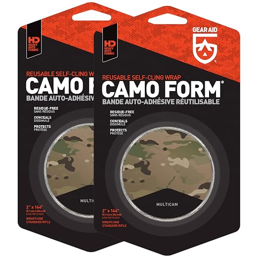 GEAR AID Camo Form Self-Cling and Reusable Fabric Camouflage Wrap, Adds Grip and Shield Hands from Hot or Cold Surfaces to Protect You and Your Equipment, Multicam, 2” x 144” Roll, 2 Pack