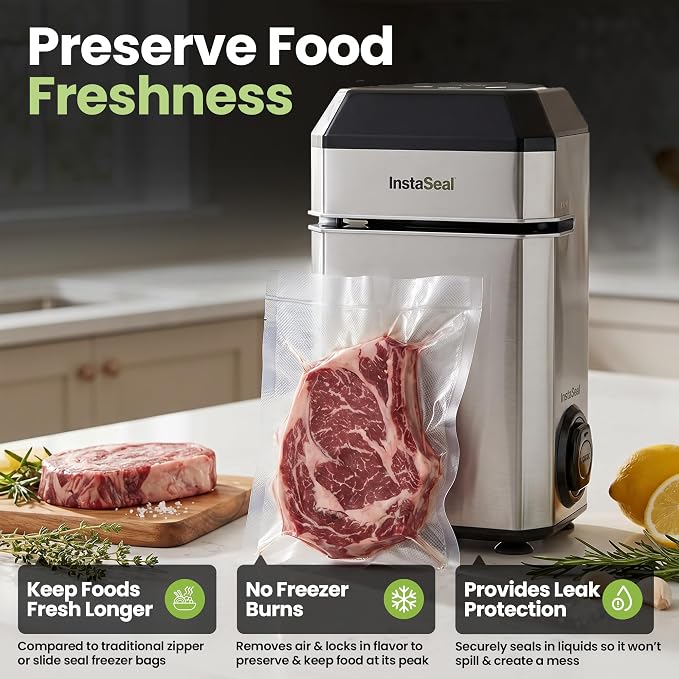 InstaSeal Upright Vacuum Sealer for Food with 12 Bags | Preserves Foods 5x Longer, Space Saving Compact Design, Seals Liquids, Soups & Marinades Mess-Free for Sous Vide Cooking