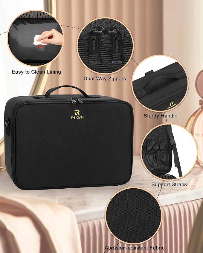 Relavel Large Makeup Case Professional Cosmetic Storage Organizer Box Brush Holder with 3 Clear Set Bags and Adjustable Dividers for Makeup Artists with Shoulder Strap