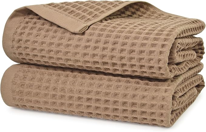 Jacquotha Waffle Bath Towels 2-Piece (Tan) - Cotton, Soft, Lightweight | 31” x 62” Large Bath Towel for Bathroom, Shower, Spa, Beach