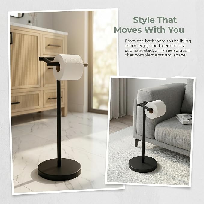 FORIOUS Toilet Paper Holder Wall Mount, Stainless Steel Rustproof Double Post Pivoting Tissue Roll Holder for Bathroom, Commercial Toilet Paper Dispenser Toilet Paper Stand, Matte Black