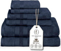 Premium Staple Cotton Bathroom Towel Set - Navy 600 GSM 6-Piece Luxury Bath Towel Set 3 Stripe - 2 Bath Towels, 2 Hand Towels & 2 Washclothes Set - High Absorbent & Quick Dry for Gym, Spa, Hotel