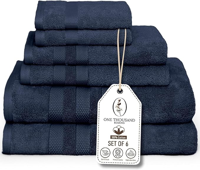 Premium Staple Cotton Bathroom Towel Set - Navy 600 GSM 6-Piece Luxury Bath Towel Set 3 Stripe - 2 Bath Towels, 2 Hand Towels & 2 Washclothes Set - High Absorbent & Quick Dry for Gym, Spa, Hotel
