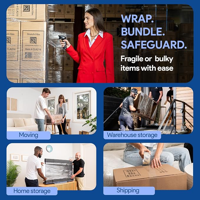 International Plastics Co. 18" Plastic Stretch Film/Wrap 1200ft 500% Stretch Clear Cling Durable Adhering Packing Moving Packaging Heavy Duty Shrink (18" - 17" Styles, 8 Pack)