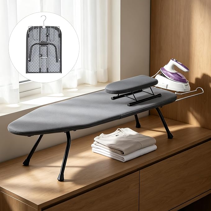 Tabletop Ironing Board Set with Mini Sleeve Boards, Foldable Ironing Board with Iron Rest, Portable Small Iron Boards with Heat Resistant Cover, Compact for Dorm, Travel, Home, 95x31x16 cm