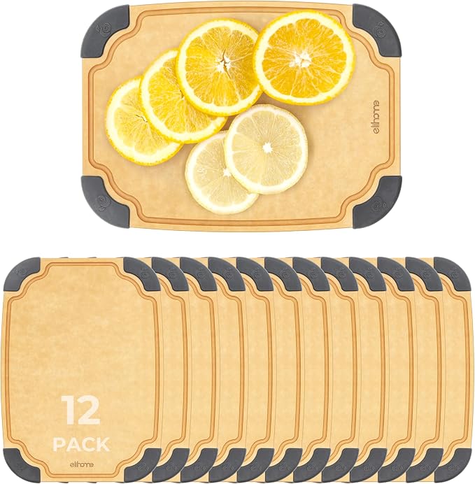 essential Series Wood Fiber Cutting Board for Kitchen, 12pcs Pack, Knife Friendly, Dishwasher Safe, Non-Slip Feet, Juice Groove, Reversible, Non-Porous, Eco Friendly, 10"x 7" SMALL