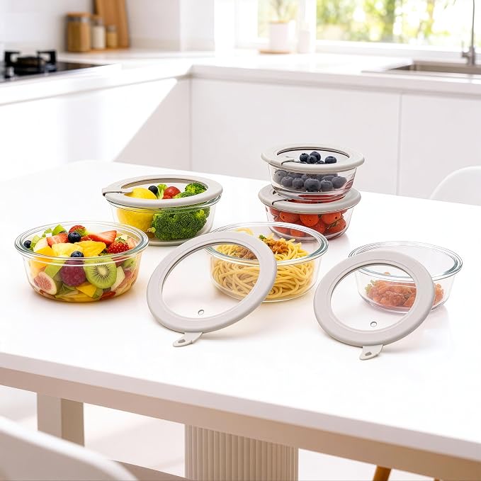 Glass Food Containers with Glass Lid, Microwave Safe Food Storage Container Set, 6 Pack, Large Size Airtight Storage Set with Leak Proof Lids, Meal Prep Containers