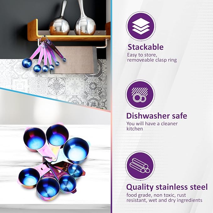 Kich 14 Piece Iridescent Rainbow Stainless Steel Measuring Cups and Spoons Set Magnetic Metal Kitchen Conversion Chart Included Large Small and Mini Scoop Cute Colorful Design