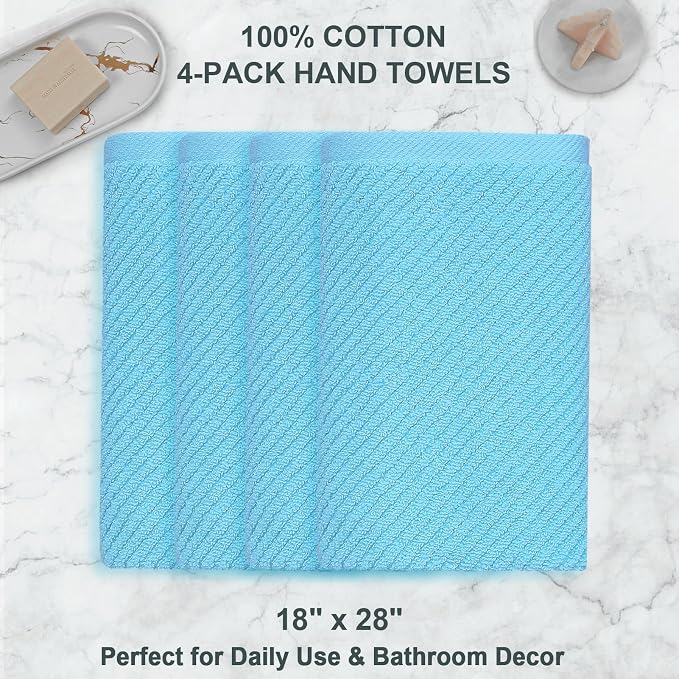 VOOVA & MOVAS Bathroom Hand Towels 4PC, 100% Cotton, 18x28 in, Blue | Thick, Quick Dry, Soft, Absorbent, Bathroom Essentials, Suitable For Shower, Spa, Household Use