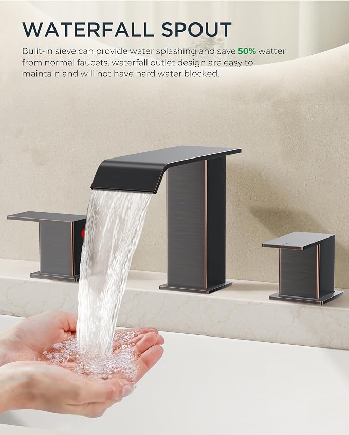 FORIOUS Bathroom Faucets 3 Hole Oil Rubbed Bronze, 8 Inch Widespread Bathroom Sink Faucet Waterfall Spout, with Pop Up Drain and Water Supply, Suitable for Vanity Rv Commercial Lavatory Restroom