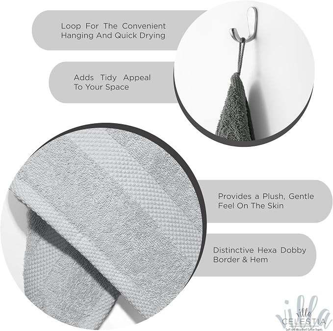 Villa Celestia Cotton Hand Towels Set of 2, 16 x 28, Oeko-TEX Certified, Quick Dry, Silver