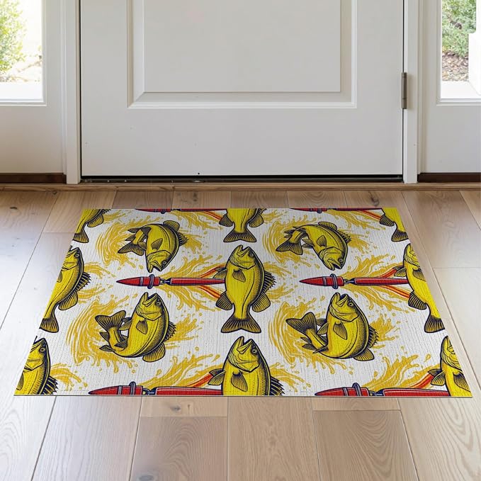 2'x3' Washable Area Rug Bass Splash Lure Bold Outlined Reel Tackle Motif Fish Fishing Refined Structured Pet Friendly & Kids Safe Bedside for Bedroom, Nursery, RV