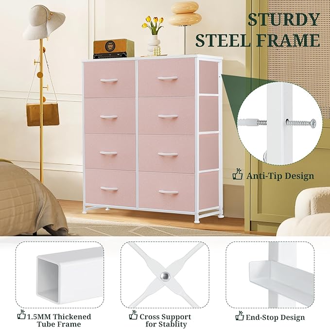 8-Drawer Dresser for Bedroom, Anti-Tip Tall Storage Organizer Chest of Drawers with Wooden Top and Metal Frame Fabric Bins for Closet, Living Room, Hallway, Entryway, Pink