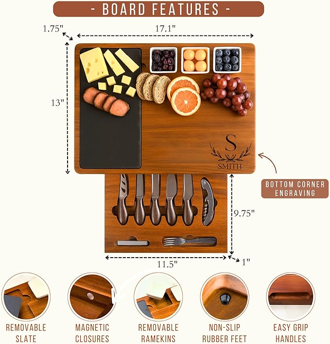 Personalized Acacia Wood Charcuterie Board Set with Stainless Steel Knives – Custom Cheese Board for Wedding, Anniversary, New Mom, Engagement, Housewarming, Bridal Shower, Women, Mother’s Day Gifts