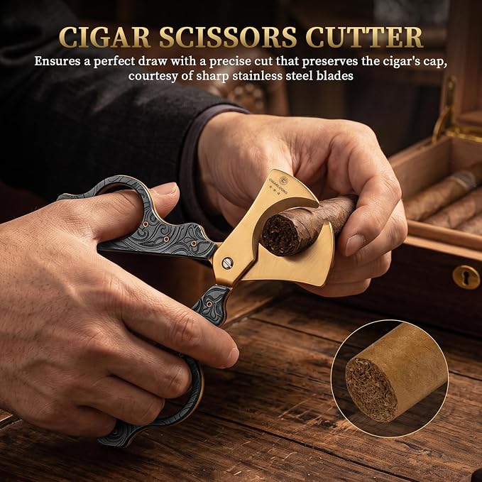 Cigar Scissors Cutter Stainless Steel Double Blade Guillotine Cutter Straight Cut Scissors with Leather Case(Black)
