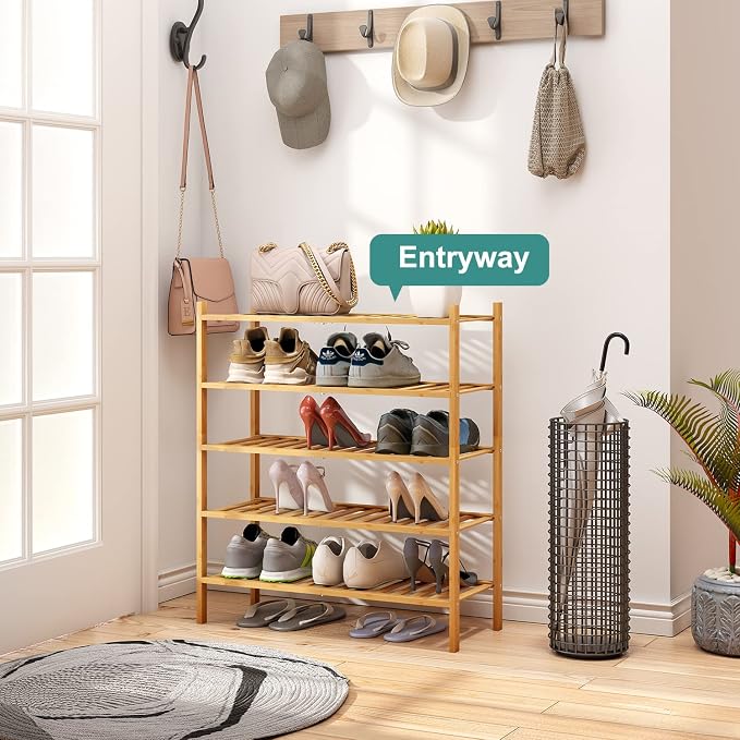 viewcare 5-Tier Bamboo Shoe Rack for Entryway, Stackable | Foldable | Natural, Shoe Organizer for Hallway Closet, Standing Shoe Racks for Indoor Outdoor