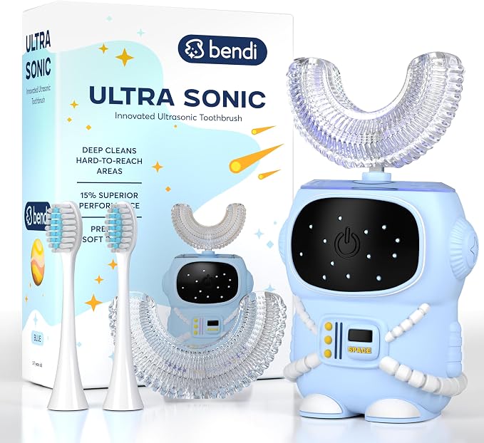 Bendi U-Shaped Toothbrush Kids, Electric Astronaut Design, Ages 2-7, Blue | Sensory-friendly, 360 whole mouth clean, toddler & kids electric, self-brushing 5 modes, auto memory, mouthguard, extra heads