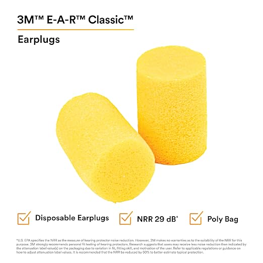 3M Ear Plugs, E-A-R Classic 312-1201, 200 Pairs of Disposable Earplugs, 1 Pair/Poly Bag, Uncorded, Noise Reduction Rating 29 dB NRR, Foam, Regular Size, Roll Down, Compliant with ANSI/ASA S12.71-2018