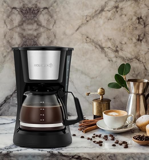 Holstein Housewares 5 Cup Drip Coffee Maker – Compact and User-Friendly with Auto Pause & Serve, Reusable Filter, Measuring Spoon & Glass Carafe, Office & Dorm Use, Black