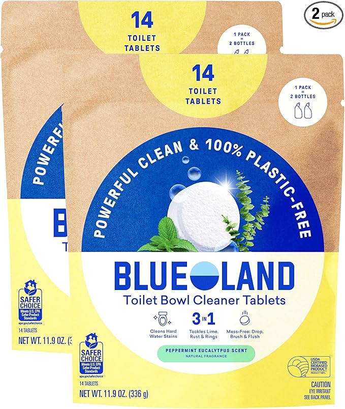 BLUELAND Toilet Bowl Cleaner Tablets, 14 Count (Pack of 2), Peppermint Eucalyptus, Plastic-Free, No Harsh Chemicals, Plant-Based, Septic-Safe, Removes Lime, Rust, Hard Water and Toilet Ring Stains