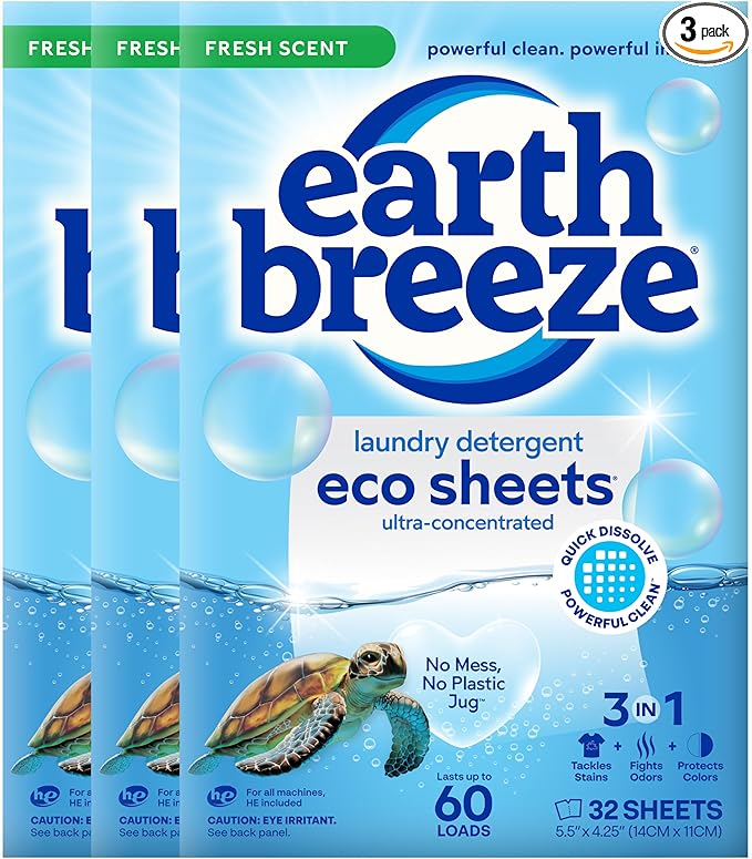 Earth Breeze Laundry Detergent Sheets Fresh Scent - 60 Loads per package. Eco Liquidless Soap - Travel-Friendly for Hot & Cold Cycles, Tackles Tough Stains & Odors - Gentle on Skin, 30 sheets (3 Pack)