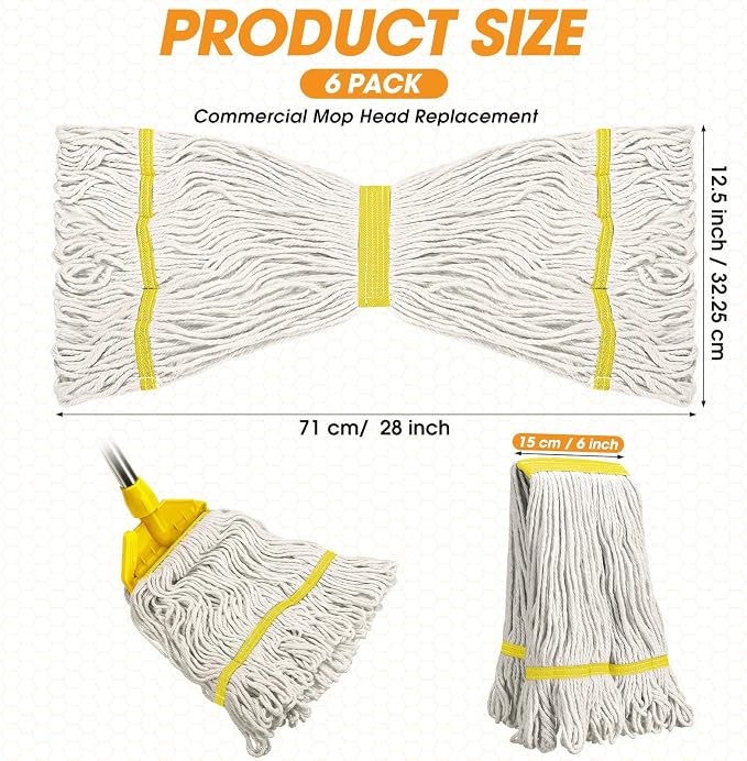 Eccliy 6 Pack Commercial Mop Heads Replacement Heavy Duty 18 oz Loop End Cotton String Wet Mop Refills Washable Absorbent Reusable for Industrial Home Tile Wood Concrete Floor (White,Yellow)