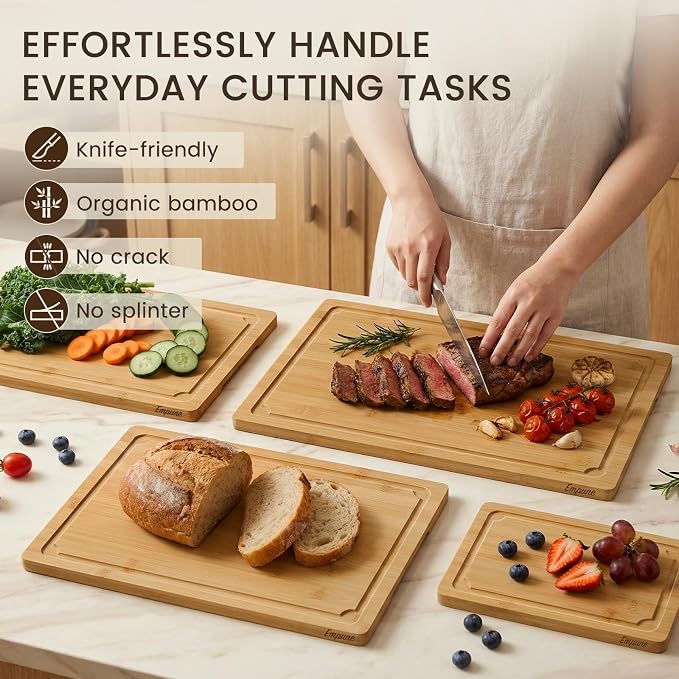 Extra Large Cutting Board Set of 4, Bamboo Cutting Boards for Kitchen with Juice Groove and Handles Kitchen Chopping Board for Meat Cheese board Heavy Duty Serving Tray, Empune