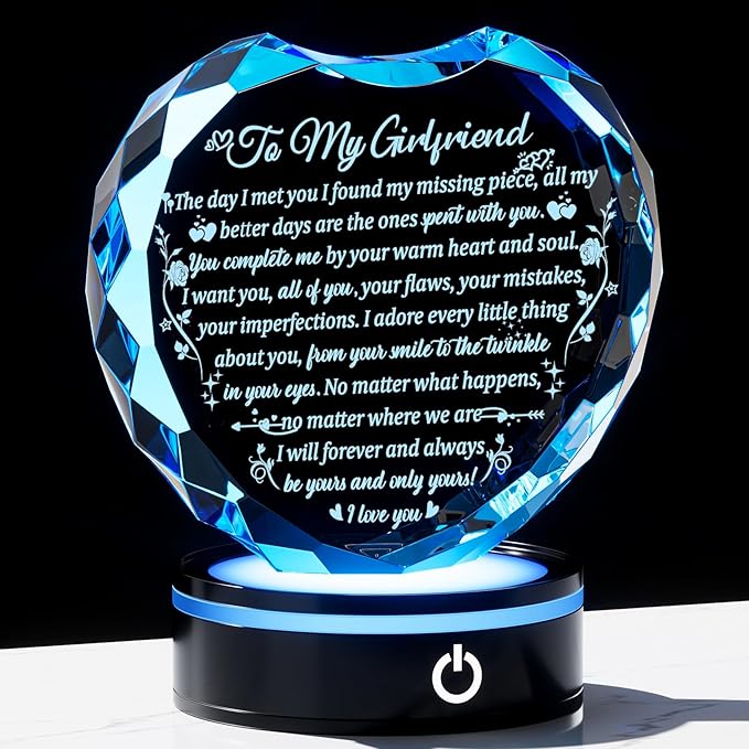 Crystal Heart Gifts for Girlfriend from Boyfriend with Colorful LED Base, Personalized Gift for Her Who Has Everything on Birthday Valentine's Day, Romantic Anniversary Christmas Gift Ideas to My Girl