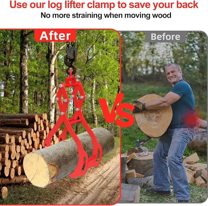 Log Lifting Tongs 32 Inch - 2700LBS Load Capacity Heavy Duty Log Grapple with 4 Serrated Claw Hooks & Handles, Logging Tongs for Tractors, Trucks, Forklifts, Red