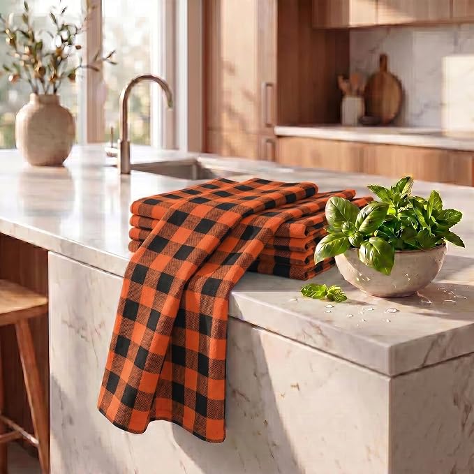 Urban Villa Halloween Kitchen Towels Set of 6 Dish Towels Size 20''x30'' Buffalo Checks Orange/Black 100% Cotton Highly Absorbent Quick Drying Dish Cloths & Dish Towels with Hanging Loop Tea Towels