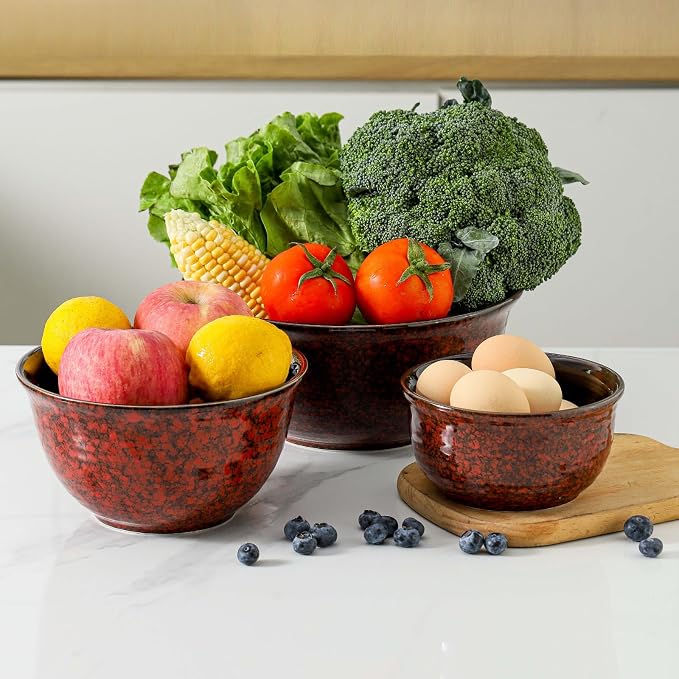 HASENSE Ceramic Mixing Bowls, Large Serving Dishes Set of 3 for Cooking, Baking, Prepping, Porcelain Nesting Bowls for Salads, Fruit, Popcorn, Cereal, 2.1/1.0/0.5 Qt, Dishwasher & Microwave Safe, Red