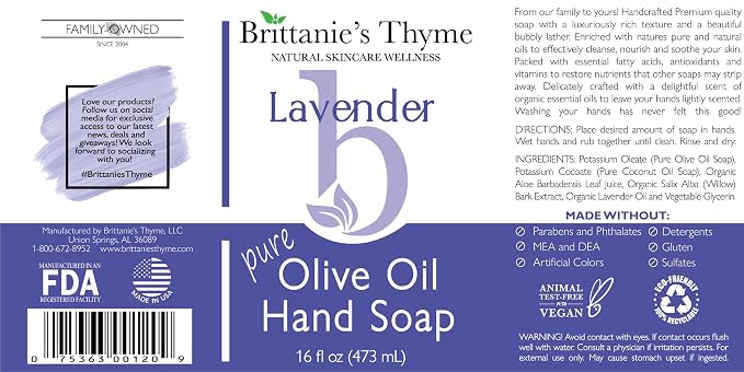 Brittanie’s Pure Castile Liquid Soap Refill, Lavender, 16 Ounce | Dish Soap, Hair & Body, Home, Gentle and Pure, Made with Natural Luxurious Oils, Vegan & Gluten Free Non-GMO