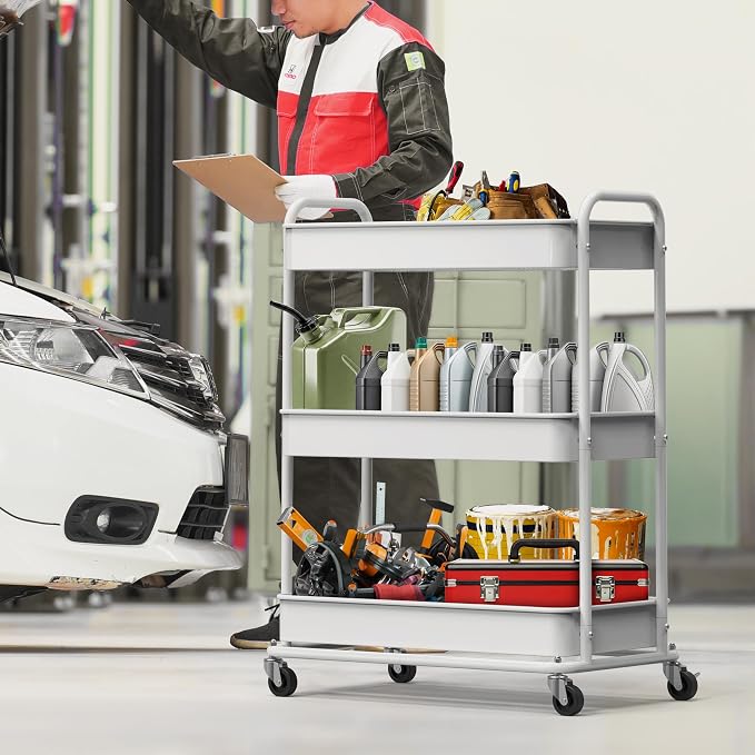 Simple Houseware 26" Extra-Wide 3-Tier Heavy Duty Metal Utility Cart, White | High-Capacity Rolling Cart Organizer for Spa, Salon, Office, and Home Storage
