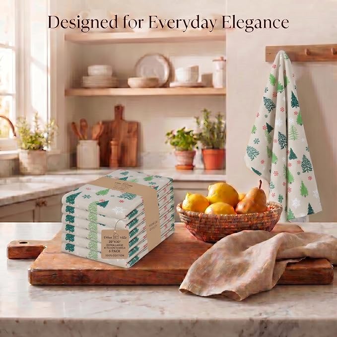 Urban Villa Kitchen Towels Christmas Green Trees Print Premium Quality,100% Cotton Dish Towels Mitered Corners Ultra Soft (Size: 20X30 Inch) Highly Absorbent Bar Towels & Tea Towels - (Set of 6)