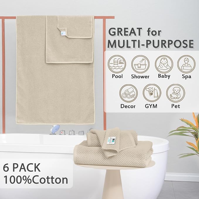 VOOVA & MOVAS 6PC Towel Set, 100% Cotton, Beige Tan | 2 Large Bath 30x56 In, 2 Hand 18x28 In, 2 Washcloths 13x13 In, Quick Dry, Thick, Soft, Towel Gift Set