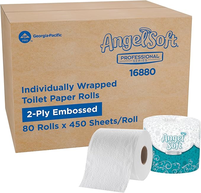 Angel Soft Professional Series by Georgia-Pacific PRO 2-Ply Embossed Toilet Paper, White, Individually Wrapped, 450 Sheets Per Roll, 80 Toilet Tissue Rolls Per Case, 16880
