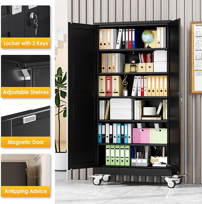 PAOFIN Metal Garage Storage Cabinet with Wheels,Steel Lockable File Cabinets with 2 Doors and 5 Adjustable Shelves,74" H Locking Tool Cabinets for Home Office, Warehouse, Required Assembly,Black