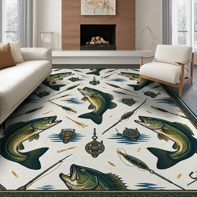 8'x10' Washable Area Rug Bass Lake Lure Tackle Reel Motif Border Angler Hook Fish Fishing Refined for King Size Bedroom, Master Suite, Under Bed, Foldable Easy Care