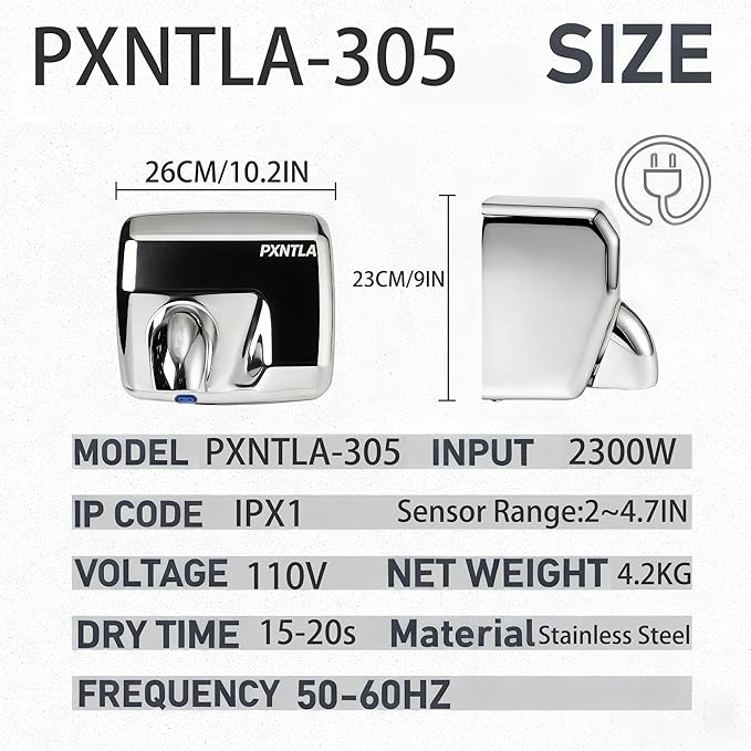 Stainless Steel Hand Dryer, 16 Seconds Fast Dry Hands, 100-130V, 180° Rotatable Air Nozzle, Hand Dryer for Home Bathroom, IPX1 Waterproof & 60s Overheat Protection