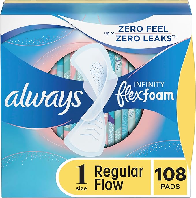 Always Infinity Feminine Pads for Women, Size 1 Regular, with Wings, unscented, 108ct