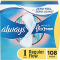Always Infinity Feminine Pads for Women, Size 1 Regular, with Wings, unscented, 108ct