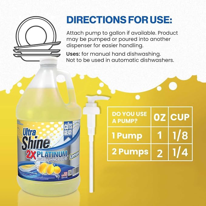 Ultra Shine™ 4 Pack 2X Platinum™ Dish Cleaning Liquid, Lemon Scent, 1 Gallon, Yellow - Powerful Grease Remover Dishwashing Soap