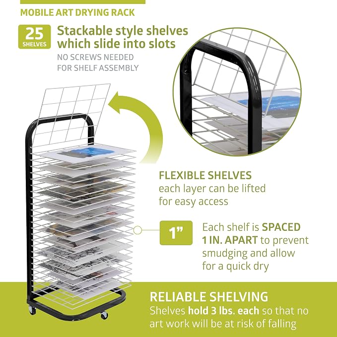 Pearington 25-Shelf Mobile/Wall Mountable Art Drying Rack for Art Studios & Classrooms, 13" D x 17.5" W x 39.4" H, Black/White