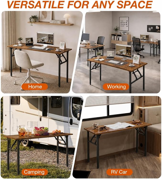 XBurmo Folding Desk Foldable Table, No Assembly 55.1" Foldable Desk Space-Saving Workstation for Small Space, Computer Table, Flat Storage for Home Office, Bedroom, Dorm, Study Room, Rustic Brown