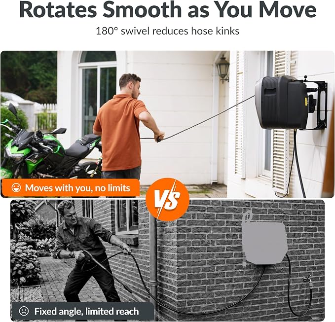 Giraffe Tools 65 FT Retractable Wall Mounted Pressure Washer G20, 2500 PSI | 2.2 GPM, Automatic Rewind with 180° Swivel Bracket, 5 Nozzles, Foam Cannon for Car, Fences and Patio Cleaning, Dark Silver