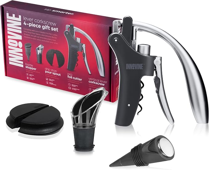 Innovine Level Corkscrew 4-Piece Wine Tool Set – Vertical Lever Corkscrew, 6-Blade Foil Cutter, Drip Stop Pour Spout & Silicone Bottle Stopper – Complete Wine Accessories for Home Bar & Gifting
