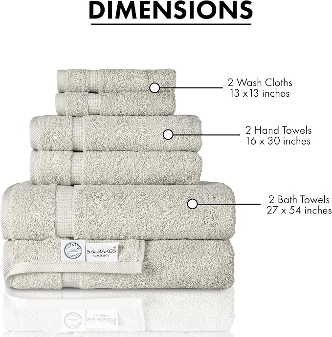 SALBAKOS 100% Turkish Cotton Bathroom Towel Set of 6-Piece, Stone | 630 Gsm Thick Super Soft Highly Absorbent 2 Bath + 2 Hand + 2 Washcloth Towels Sets, Giftable, Hotel Quality, Made in Turkey