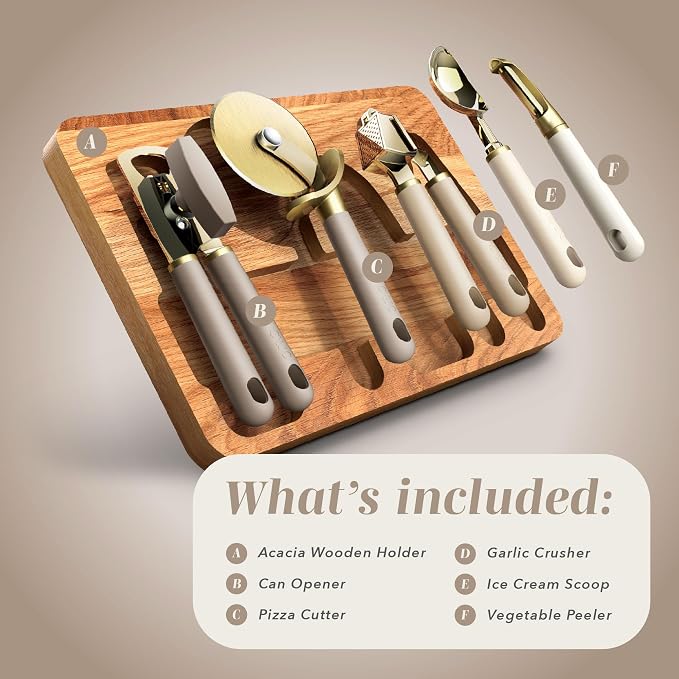 COOK WITH COLOR 6-Piece Kitchen Tool Set with Acacia Wood Cutting Board, Can Opener, Pizza Cutter & Prep Essentials, Brown Ombre